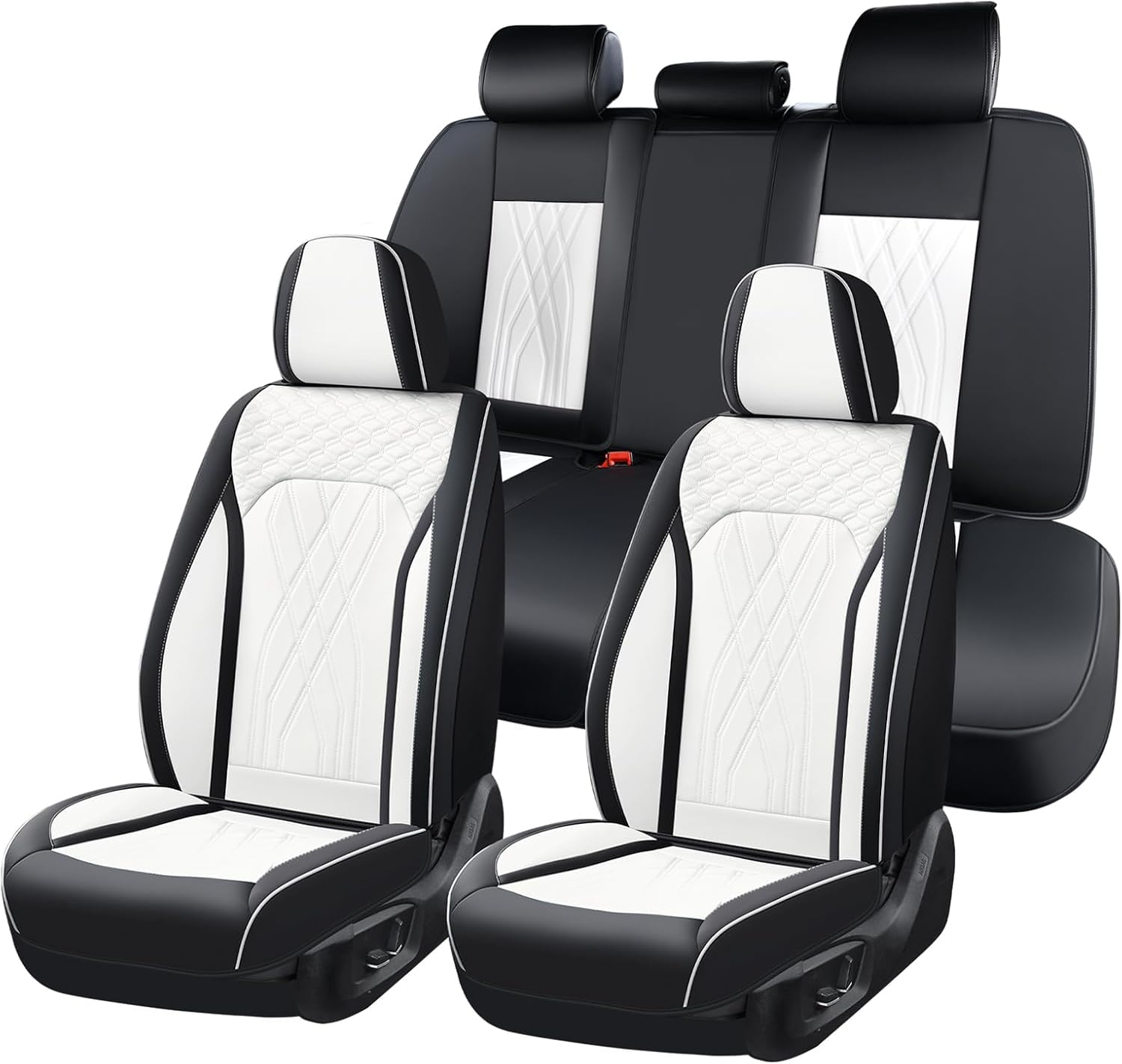 Leather Car Seat Cover Full Set Automotive Seat Covers 5 Seats Front and Back Seat Cover Full Coverage Car Seat Protector Universal Fit for Most Car Truck SUV, Black&amp;White