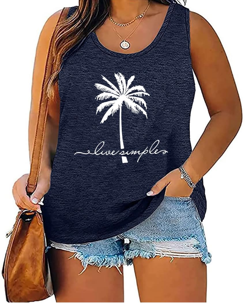 GeLivable Plus Size Tank Top for Women Sun Salt Sea Letter Graphic Printed Sleeveless Loose Casual Tunics Shirts