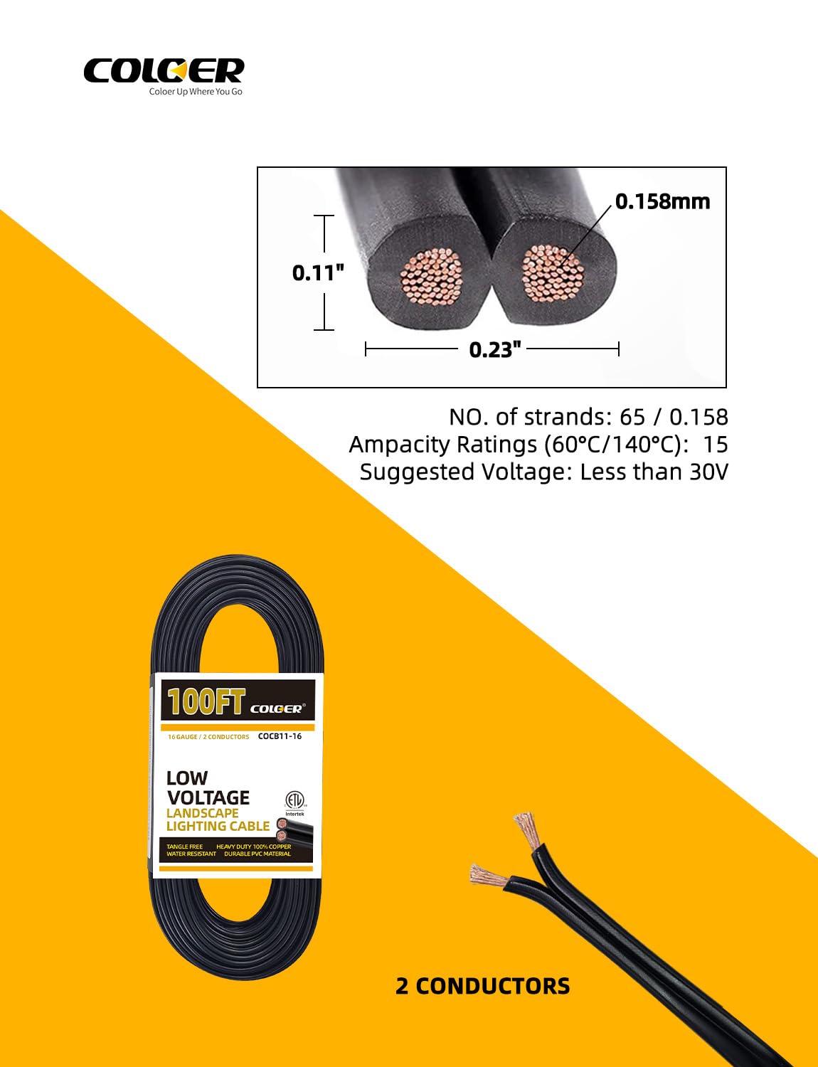 COLOER 100ft 16/2 Low Voltage Landscape Lights Wire Stranded PVC Cord Pure Copper Cable 16 Gauge 2 Conductor Tangle Free Outdoor Landscape Lighting Direct Burial Electrical Cable