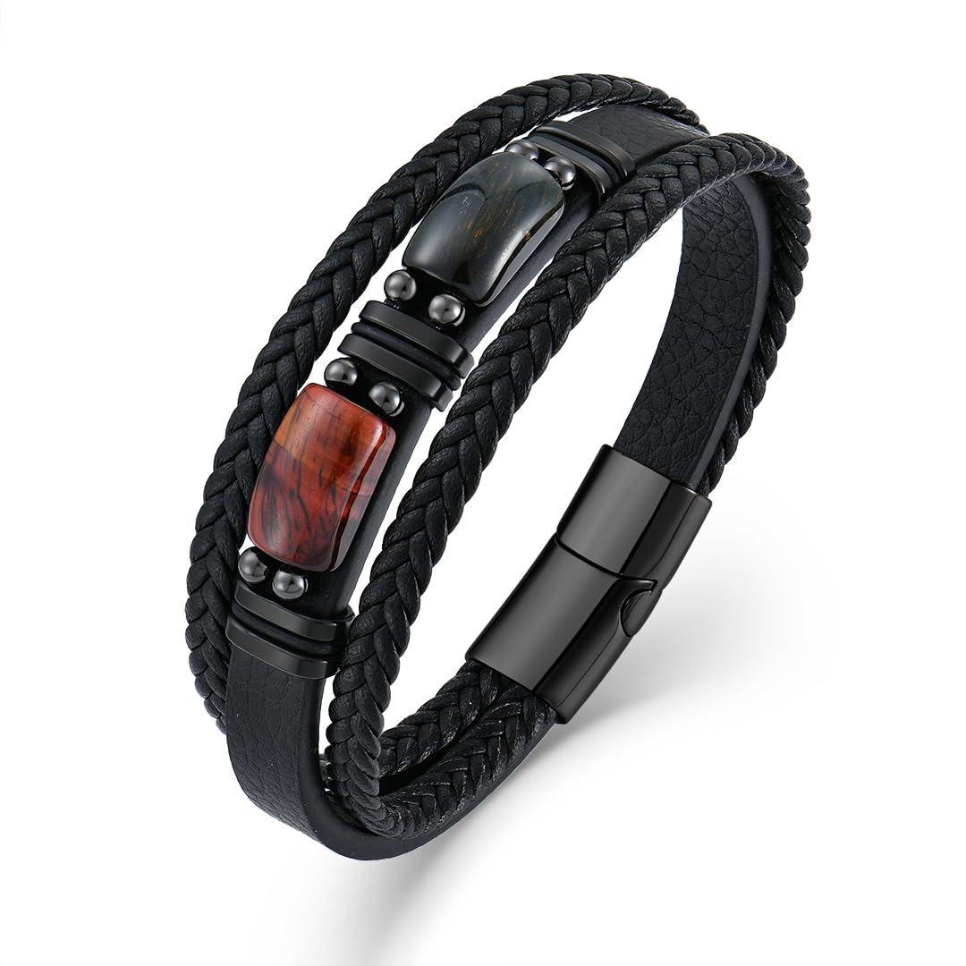 VA JENT Mens Leather Bracelet Natural Tiger Eye Protection Multilayer Braided Wristband Bangle Gifts for Him