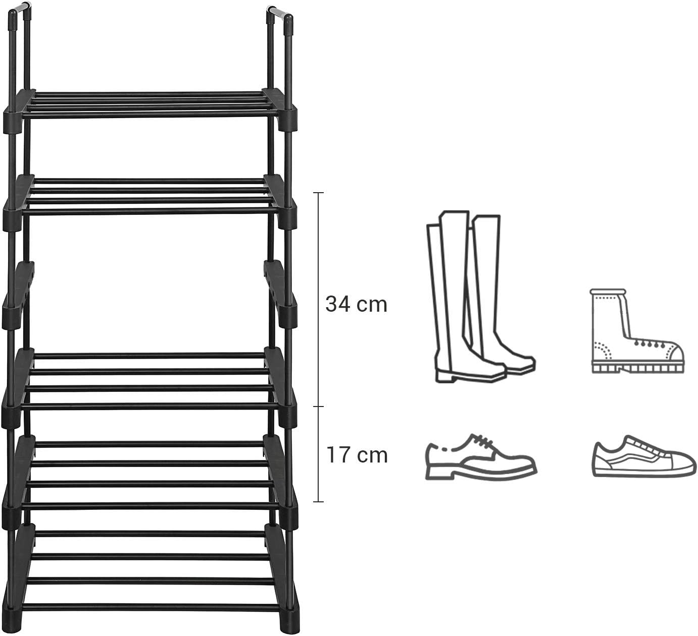 Diagram illustrating shoe height clearances on the rack: 34 cm for boots and 17 cm for regular shoes.