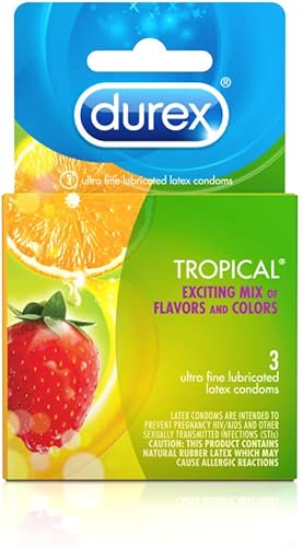 Miniatura 2 de Preservativos Látex Lubricado Preservativo Durex Tropical Sabores Mezcla de 3 ct de Naranja Tropical Plátano y Fresa Fruta Sabores