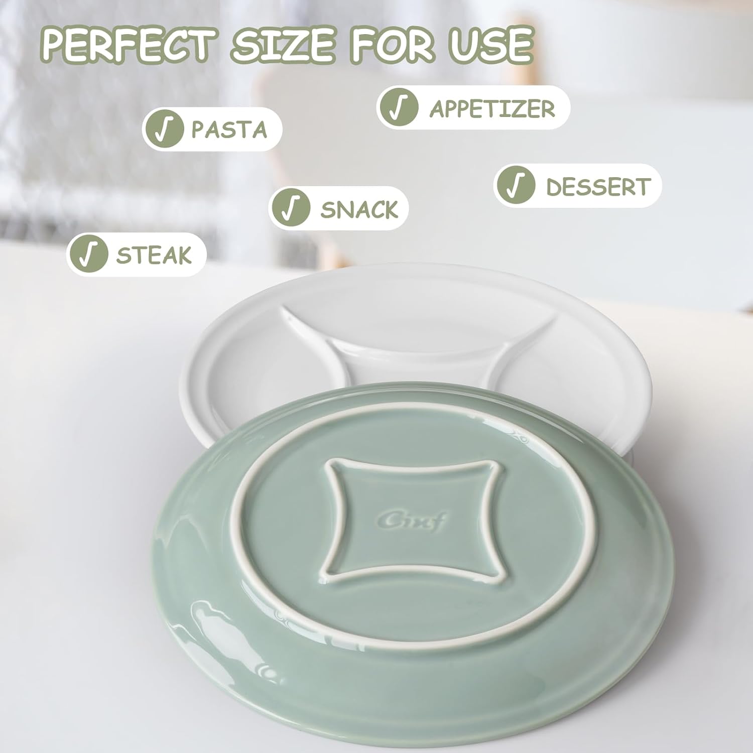 Cinf 2 PCS Ceramic Plate Set with Coin Shape Design – Microwave & Dishwasher SafeStylish & Durable Perfect for Home Dining(Sage Green + White)