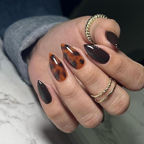 Brown Press on Nails Medium Almond Fake Nails with Tortoise