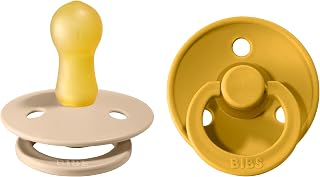 BIBS Colour Baby Pacifier 2-Pack | Made in Denmark | BPA Free Dummy Soother, Round Nipple. Natural Rubber Latex, Size 2 (6-18 Months), Vanilla/Mustard