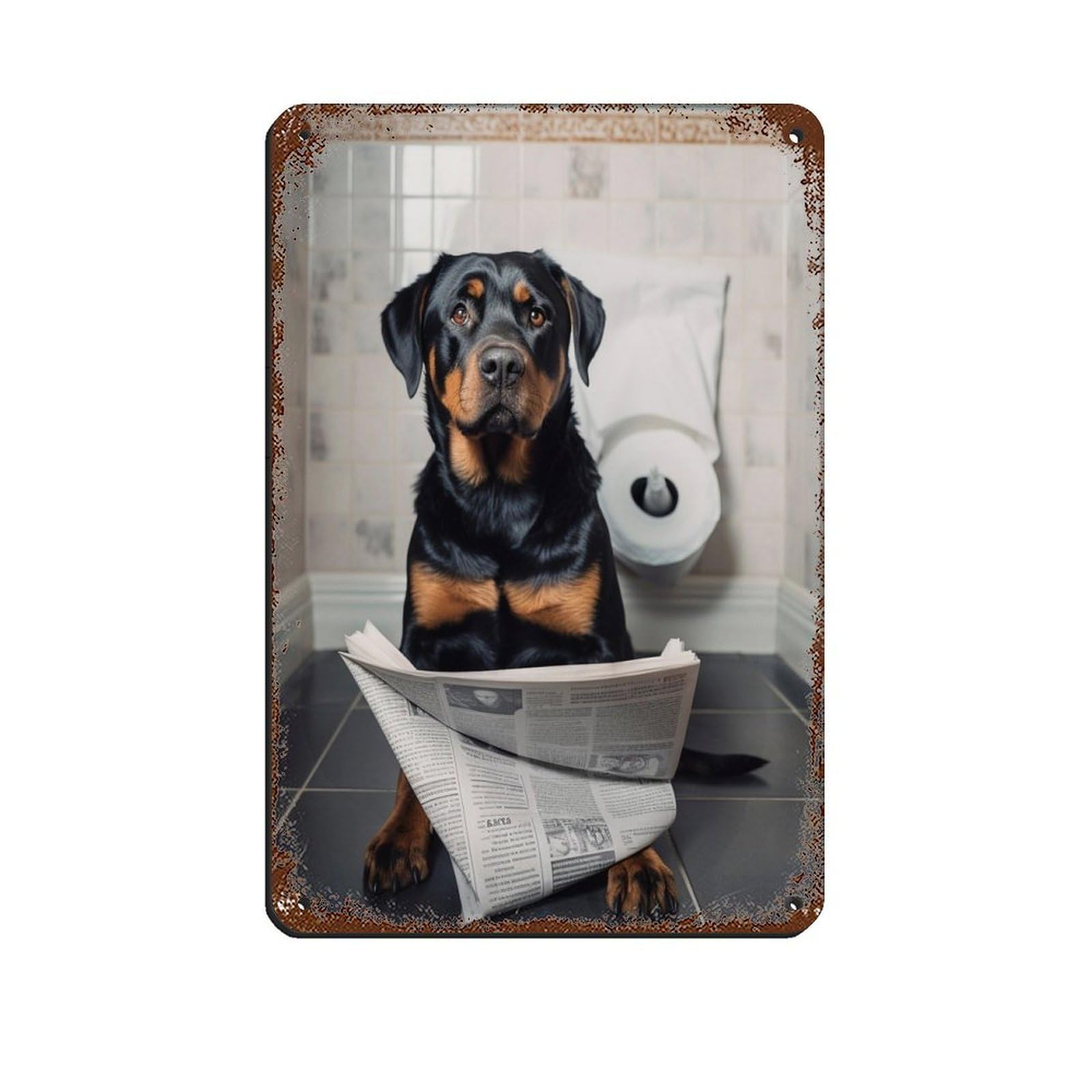 Rottweiler on Toilet Reading The Newspaper Retro Poster Metal Tin Sign Chic Art Retro Iron Painting Bar People Cave Cafe Family Garage Poster Wall Decoration 8x12inch(20x30cm)