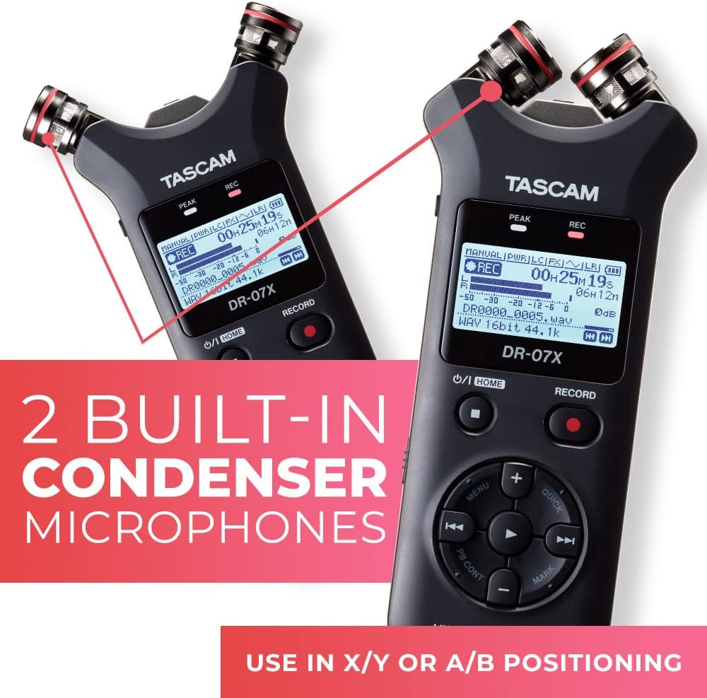 Tascam DR-07X Stereo Handheld Digital Audio Portable Recorder and USB Audio Interface, Pro Field, AV, Music, Dictation Recorder