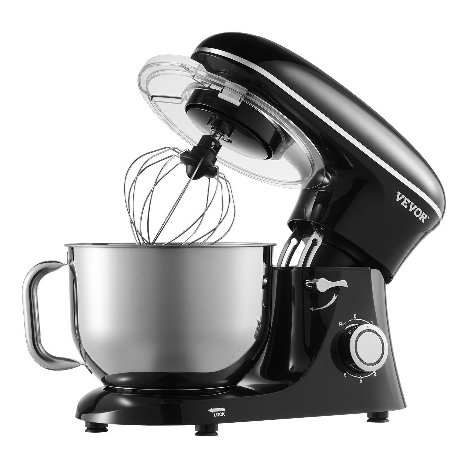 VEVOR Batidora de Masa de 5,68 L, Batidora de Alimentos con Cabezal Inclinable de 1400 W y 6 Velocidades, Tazón de Acero Inoxidable, Gancho para Masa, para Hornear, Mezclar, Negro, 456 x 240 x 332 mm