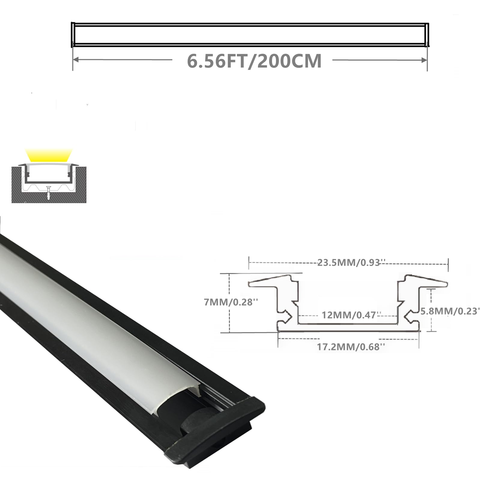 THMOOTHER Recessed LED Strip Black Channel Diffuser 10-Pack 6.56FT,23.5X7MM Tape Track with Flange,Flush Mounted Wardrobe Bookcase Wine Cabinet Wooden Furniture Groove Integrated Low Profile