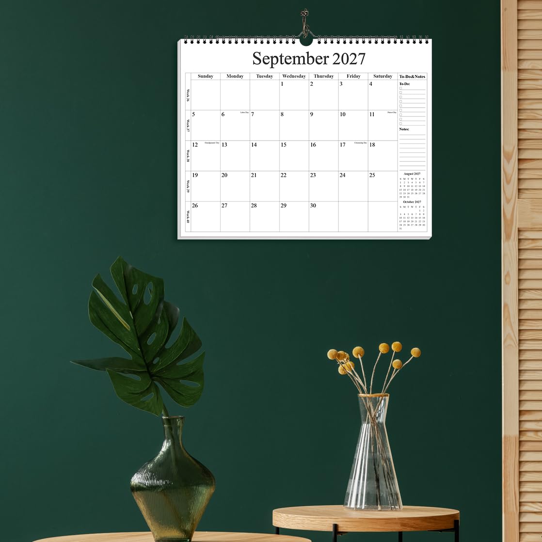 Kalender 2026-2027 - Wandkalender 2026-2027 von August 2026 - Dezember 2027, 18 Monate Kalender mit Premium-Papier, Doppeldrahtbindung & Aufhängehaken, 30,5 x 36,8 cm, Schwarz