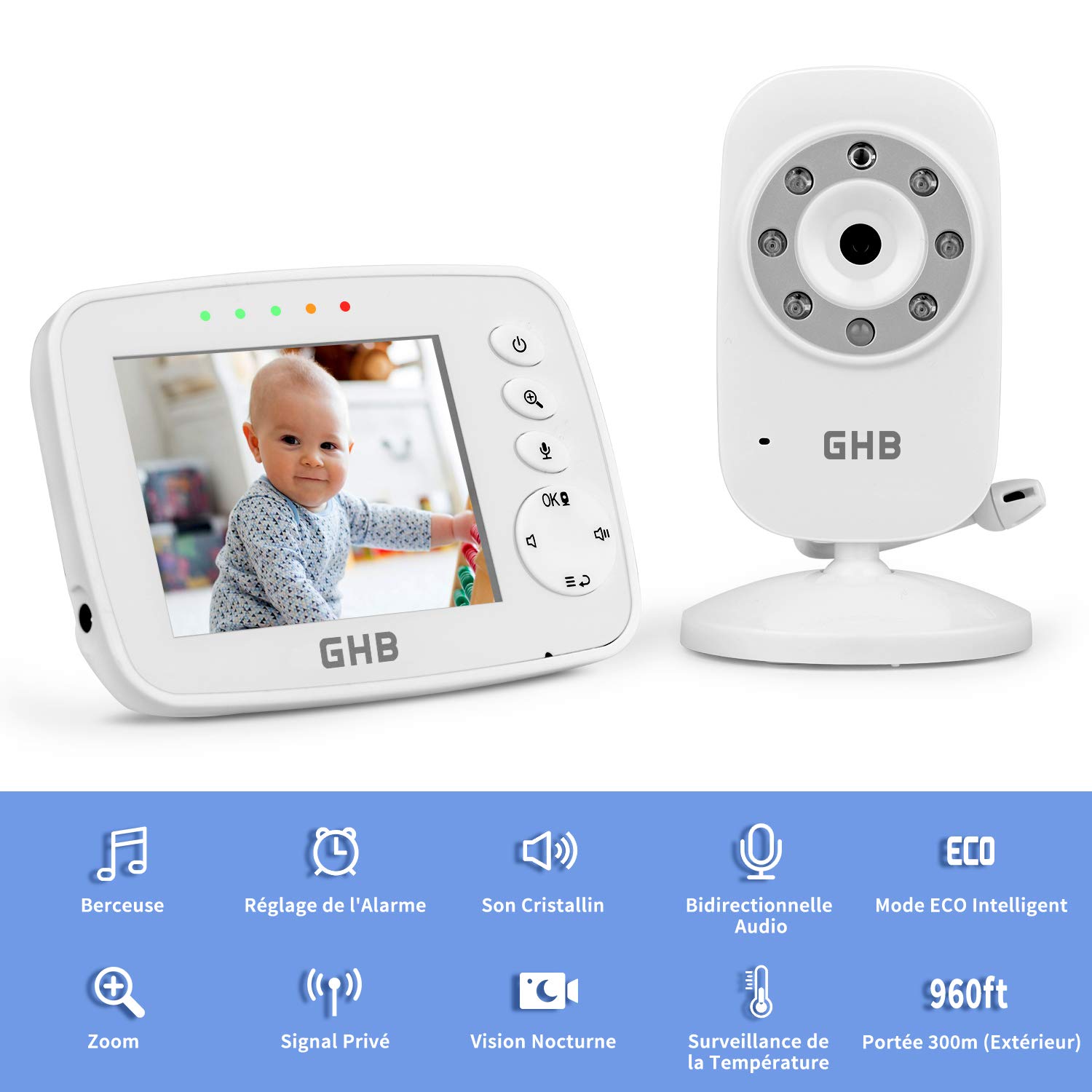 Babyphone Vidéo OBVHNUA - Ecran 3.5", Nuit IR, 2 Way Audio