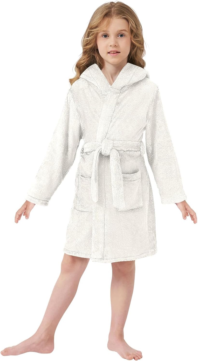 Floral White Kids Bathrobe, Soft Plush Hooded Towel for Boys Girls, Quick Dry Bath Robe with Pockets