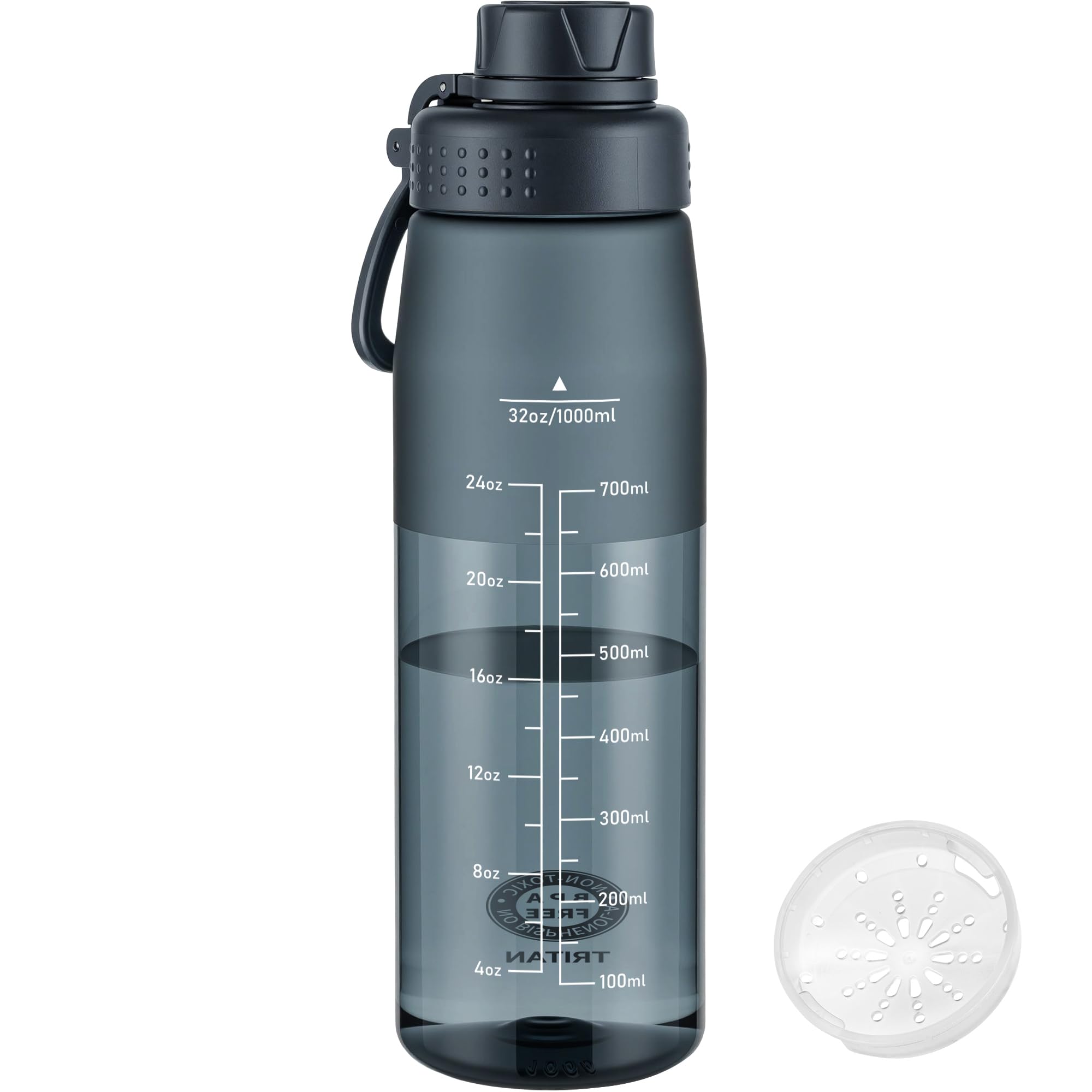 GOPPUS 1L/32oz Clear Tritan Water Bottle with Screw Lid, Drinks Bottle with Wide Mouth, Fruit Infuser, Leakproof, BPA Free, Carry Handle, Measurement Markings, Dust Cap (Smoke Grey) — image 1
