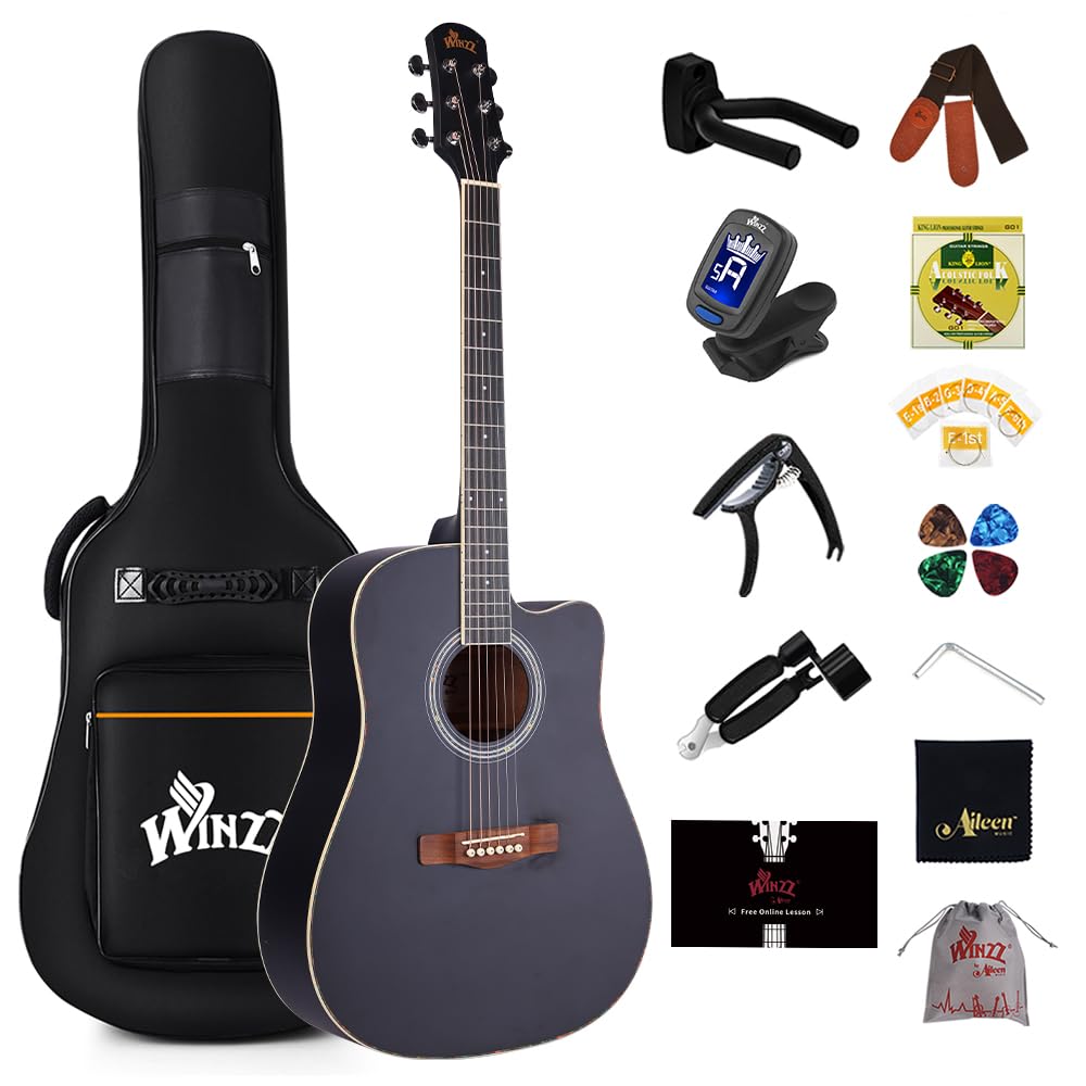 WINZZ AF168C Full Size Spruce Acoustic Acustica Guitar Cutaway for Beginners Students Kids with Advanced Kit Right Handed (41 Inches, Black)