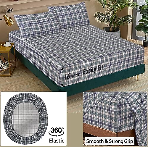 RUVANTI 100% Cotton Split King Sheets Sets for Adjustable Bed, 5 PCs, Soft & Breathable Percale Weave Bedding, Deep Pocket 16", Hotel Standard, Crisp Cool Feel & Durable Sheet, Greenish Blue Plaid