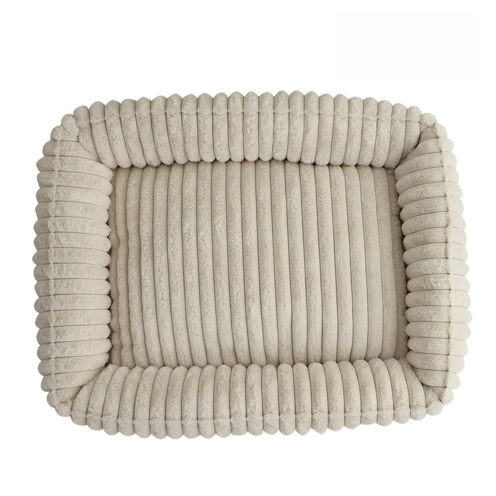 Odot Striped Plush Dog Bed Rectangular Pet Bed for Dogs Cats, Soft Comfort Fluffy Plush Pet Cushion Small Medium for Indoor Calming Puppy Kitten Washable with Anti-Slip Bottom (Beige,S 50x40cm)