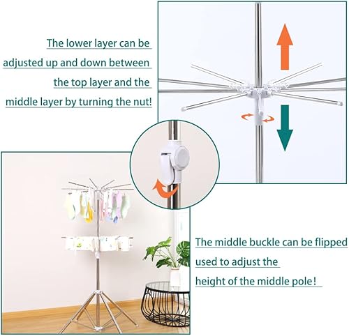 Miniatura 4 de Hershii Estante de secado de ropa plegable de 2 niveles para interiores y exteriores, soporte plegable para colgar ropa, ahorro de espacio con