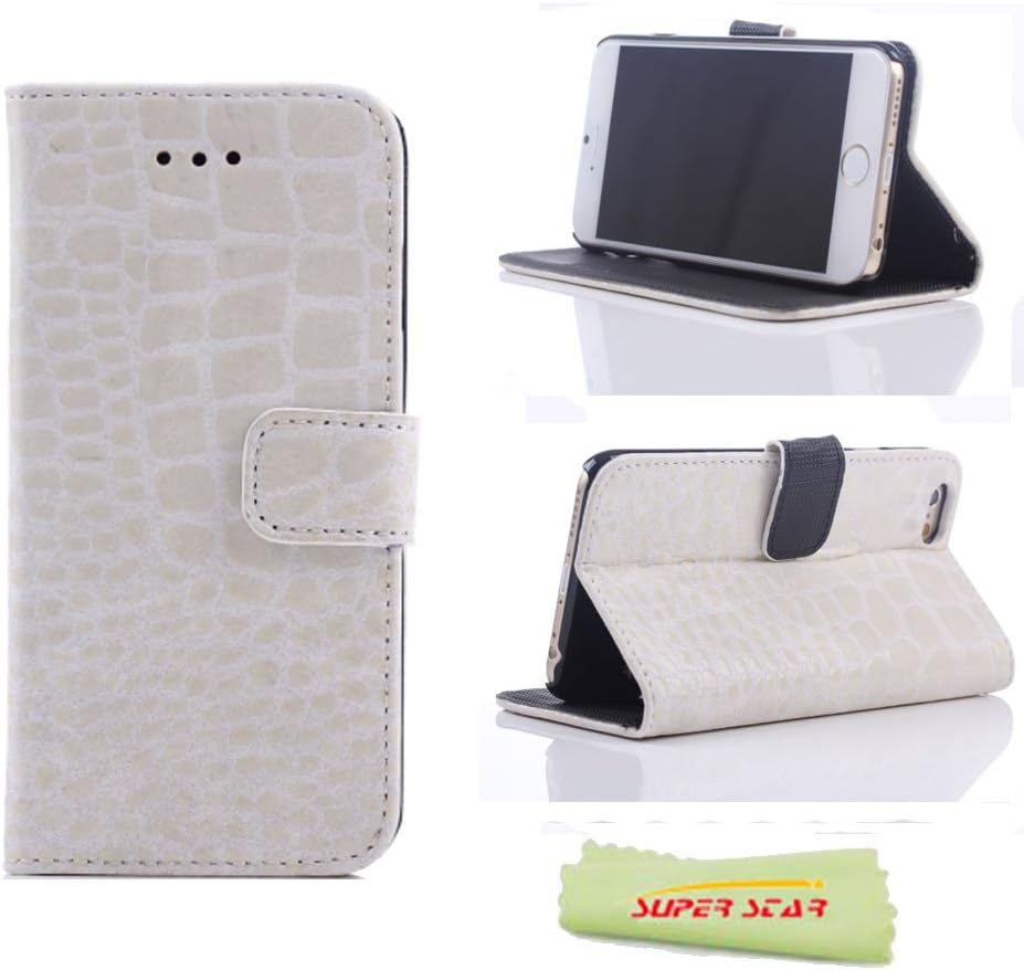 Superstar0153; Crocodile Skin Design PU Leather Luxury Wallet Credit Card Case Cover With Stand and With Magnetic flap closure Cover for iPhone 6 with 4.7 inch Screen,with Card Slots + Cloth (White)