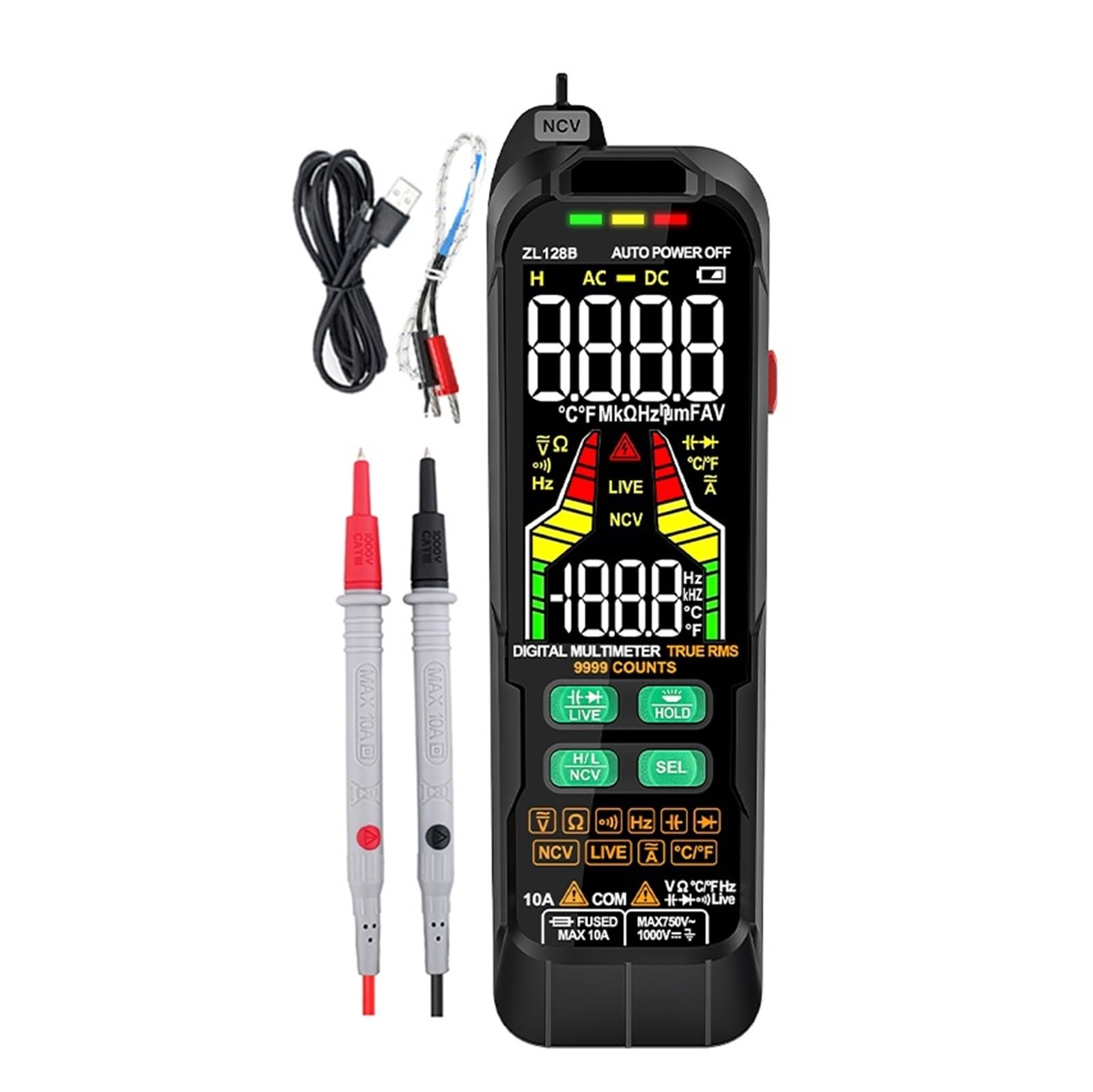 USB Charge Multimetr Cyfrowy 9999 Kolorowy Wyświetlacz LCD DC AC Napięcie Prądu Pojemność Multimetro NCV Tester Drutu Na Żywo Szybko Dokładnie Łatwy Odczyt(128B)