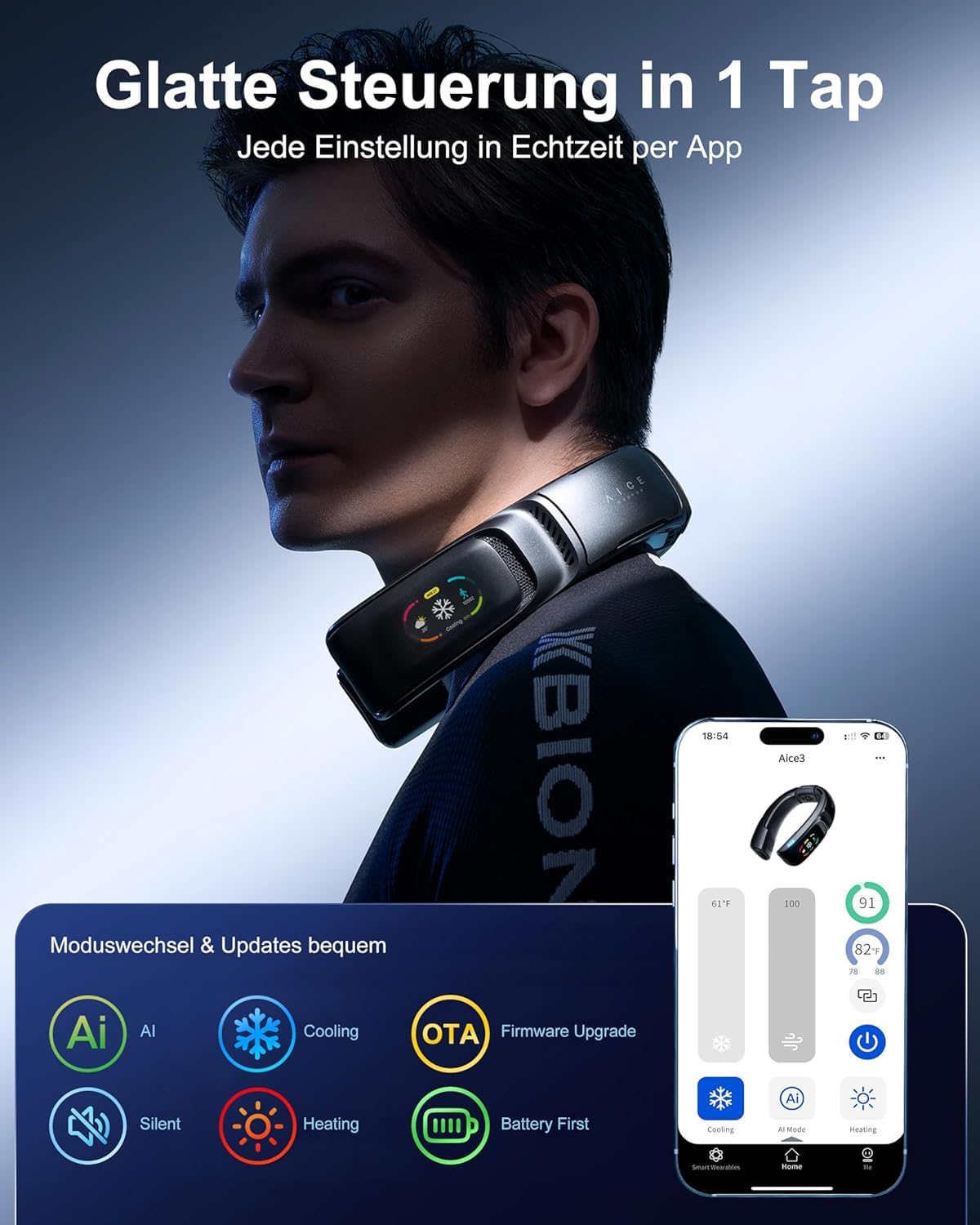 Nr.1 Kühlung AICE 3 AI Nacken-Klimaanlage 7000mAh 30H [Kühlung/Heizung] [Gesundheitsmonitor] Nackenventilator mit Kaltluft, App, wiederaufladbar, Musik, Anrufe, Geschenk, Eisweiß, ohne Ständer