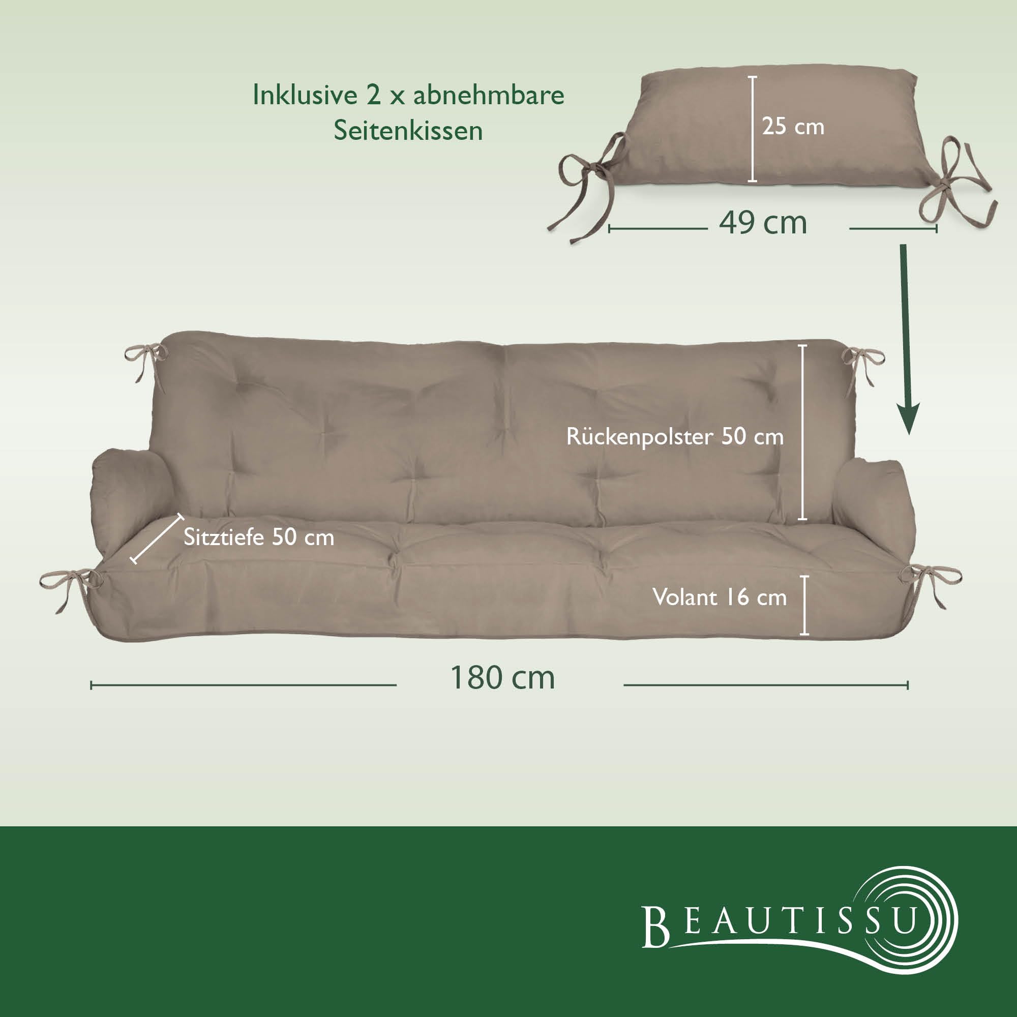 Beautissu Sitzkissen für Hollywoodschaukel 180x50x8cm Flair HS - Garten Auflage mit Zwei Kissen - Polster für Gartenbank Schaumflockenfüllung Polsterauflage Taupe
