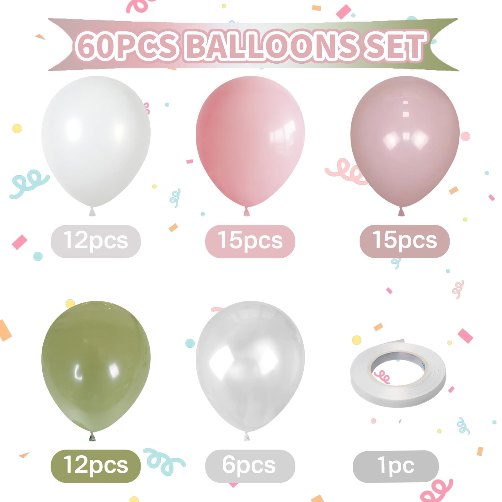 Luftballons in Altrosa/Grün/Weiß, 60 Stück, 30,5 cm, hellrosa, salbei, olivgrün, transparent, Helium-Latex-Luftballons für Bogen, Walddekoration, Schmetterling, Wildblume, Babyparty, Babyparty