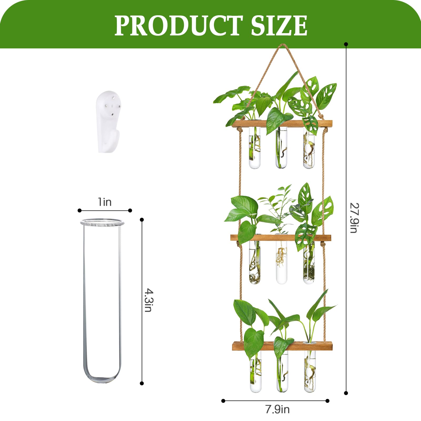 XXXFLOWER Wall Hanging Propagation Station with 3 Tiered Wooden Stand 9 Test Tubes Plant Propagation Kit for Hydroponic Plants Cuttings Test Tube Plant Holder Flower Vase Perfect Plant Lover Gifts - Image 2