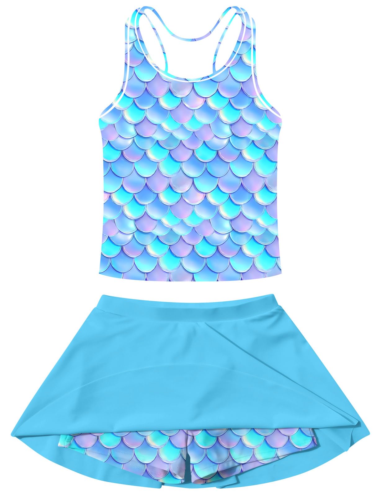 Vogseek Girls Mermaid Swimsuit Size 8 9 Blue 3D Print Girls Bathing Suit with Cover-up Skirt Tie Dye Lightweight Tankini Swimsuits for School Pool Party