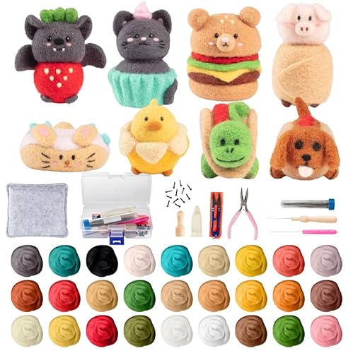 Needle Felting Kit for Beginners with Case – DIY Wool Felting Craft Kit – Make 8 Cute Animal Food Designs – Starter Set with Mat, Wool Felt Tools, Needles, Instructions – Arts & Crafts Gift Set