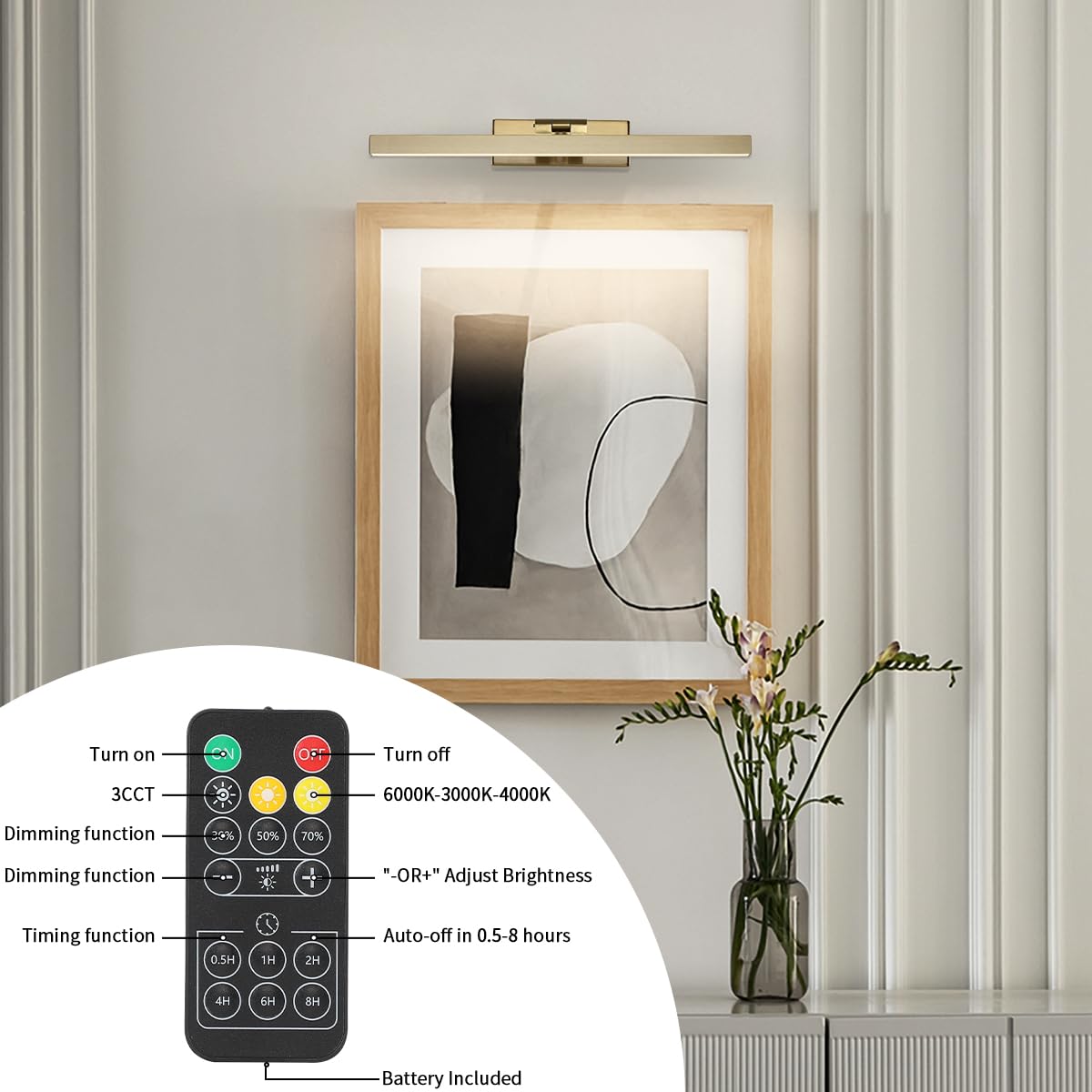 Luz de galería inalámbrica a pilas con control remoto, luces de pared recargables de latón de 15.35 pulgadas, regulables y apagadas 7