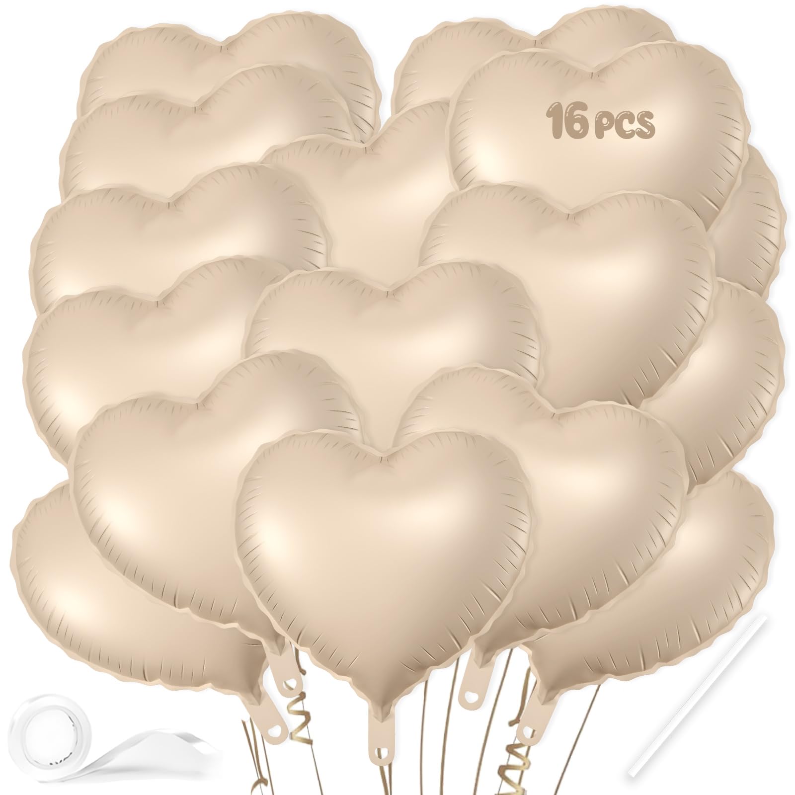 16 Pcs Heart Balloons, 18 Inch Beige Love Heart Shaped Foil Balloons for Wedding Anniversary Birthday Party Valentine Decorations Baby Shower Bridal