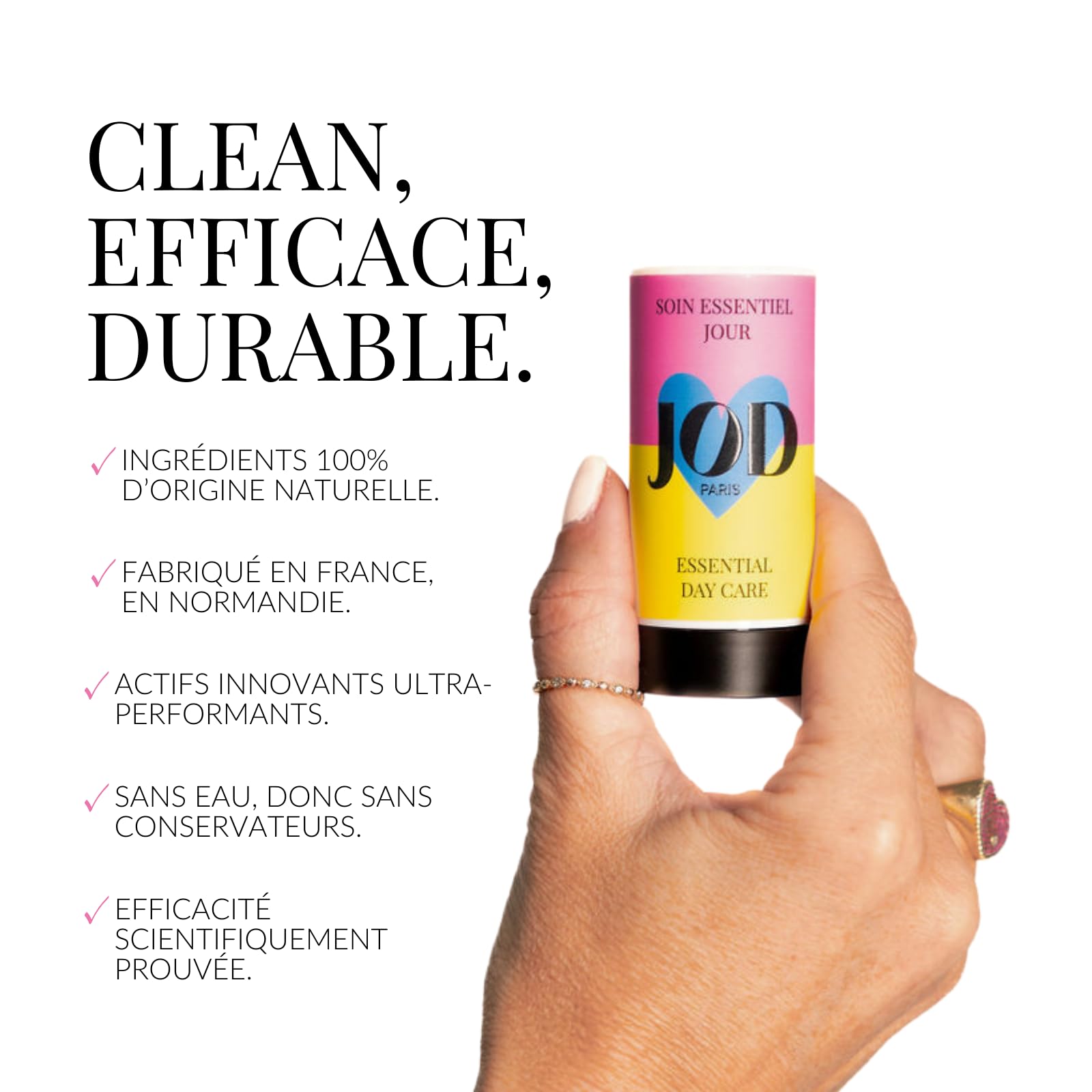 JOD - Soin Essentiel Jour, crème hydratante visage en stick, 100% d'origine naturelle, tous types de peaux y compris sensibles, sans eau donc sans conservateurs, format stick idéal pour le voyage.