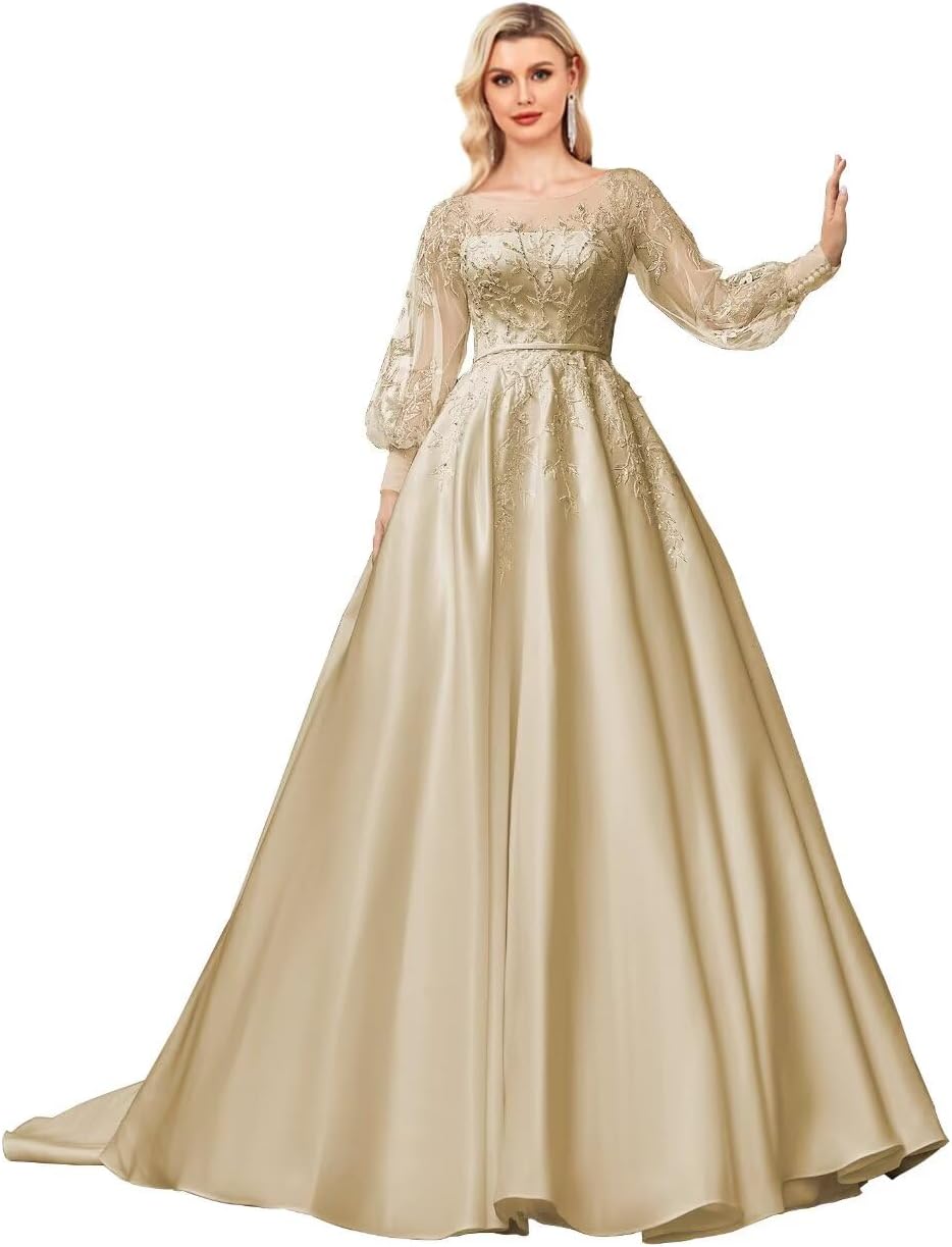 homdor Long Sleeve Prom Dresses Lace Applique Wedding Dress Satin Ball Gown A Line Formal Evening Gowns