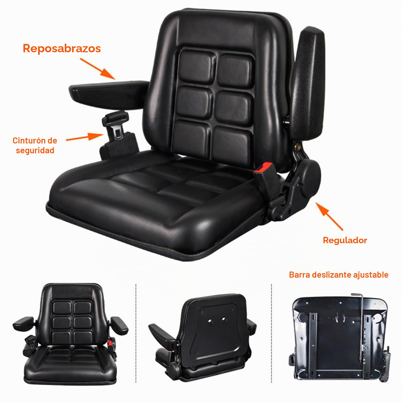 Asiento universal ajustable para carretilla elevadora con cinturón de seguridad y reposabrazos, respaldo y riel deslizante, asiento impermeable de PVC, para tractor