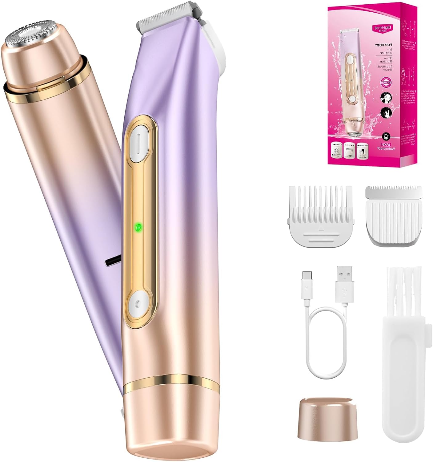 2 in 1 Bikini Trimmer for Women Dual Head Electric Razor IPX7 Waterproof Wet/Dry Use Women Electric Shaver, Body Facial Hair Remover for Bikini Legs Arm Underarm, Rechargeable