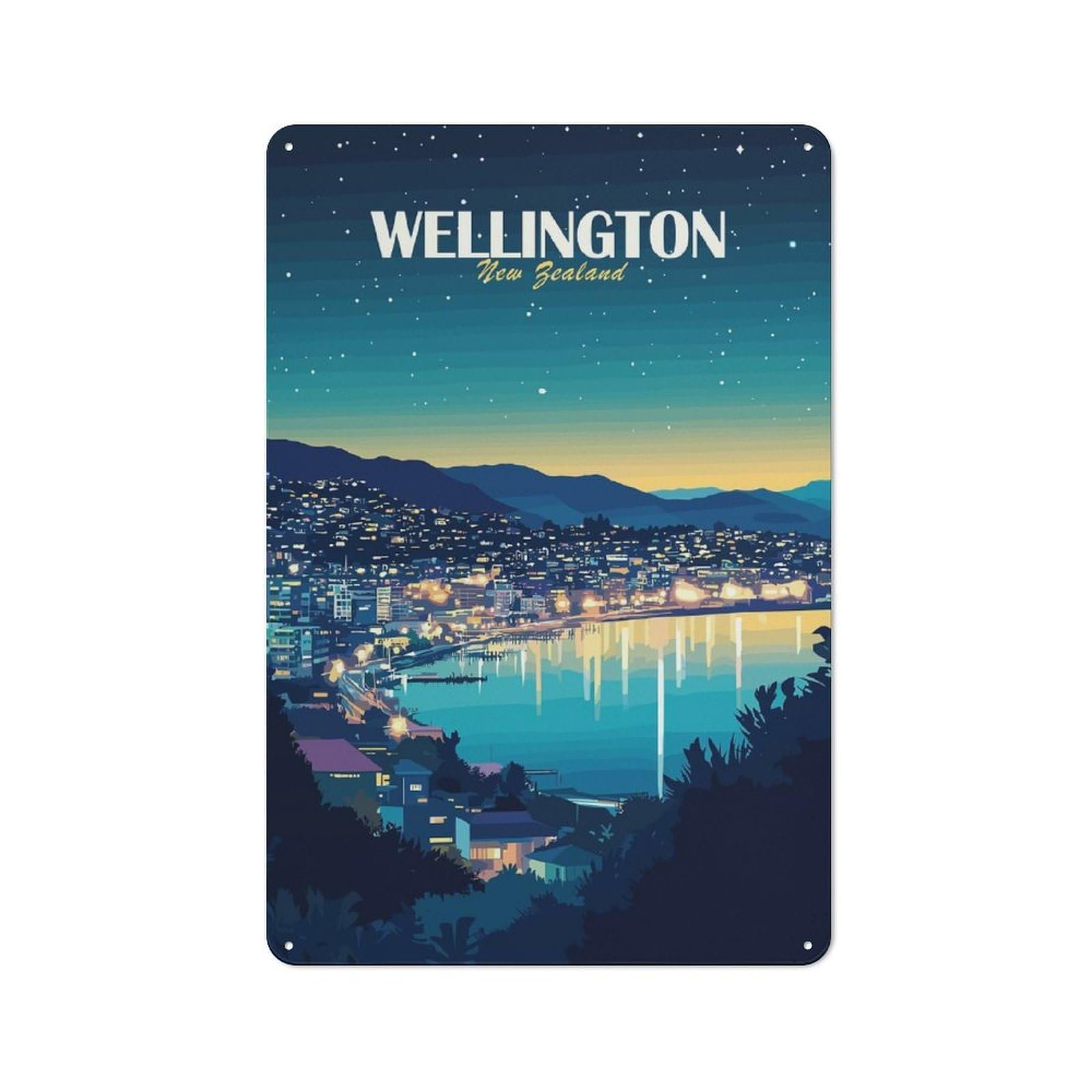 Junmoney Wellington New Zealand Cityscape At Night Vintage Tin Sign 30X20cm With For Guest Room Or Hallway, For Vintage Wall Decor Fans, For Themed Room Decoration