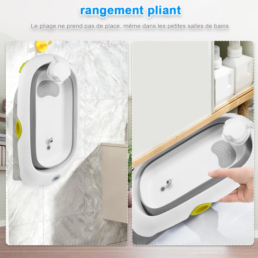 Bañera de bebé plegable con termómetro incorporado, que incluye soporte de baño y gorro de champú, fácil de limpiar, adecuado para su uso en la ducha y en el baño (gris)