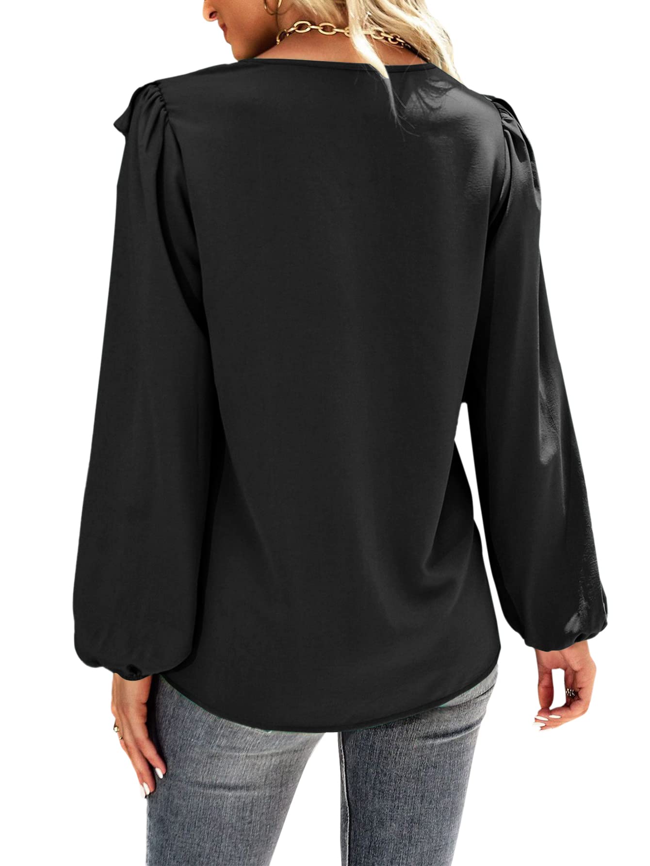 Vrtige Women's V Neck Ruffle Front Button Down Long Sleeve Blouse Top Shirt