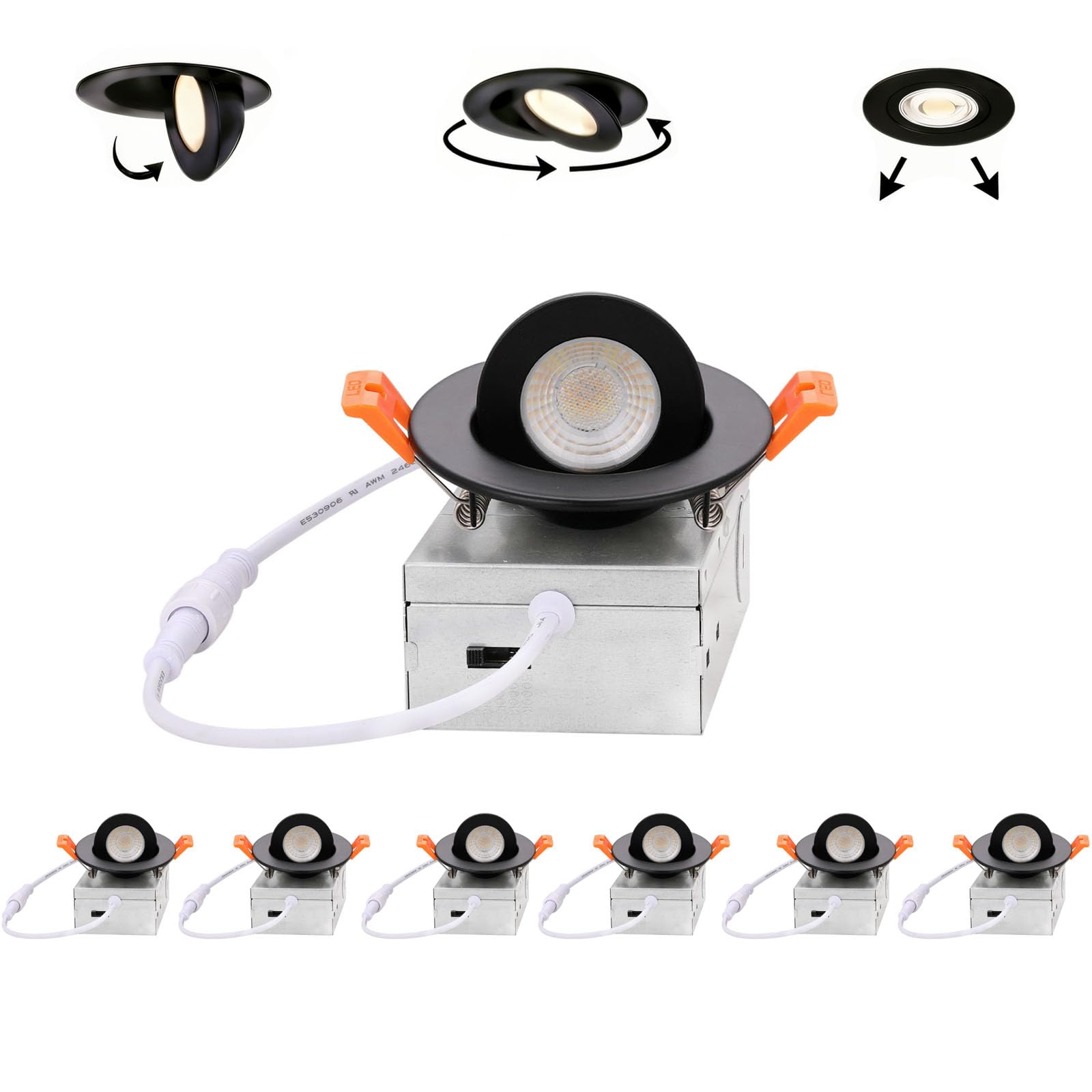 ZYC Gimbal LED Recessed Lighting - 3 Inch 5CCT 7W 360° Rotation Adjustable Eyeball Light,LED Swivel Spotlight,Directional Sloped Ceiling Light,Dimmable Canless Wafer Downlight Pack of 6 Black.
