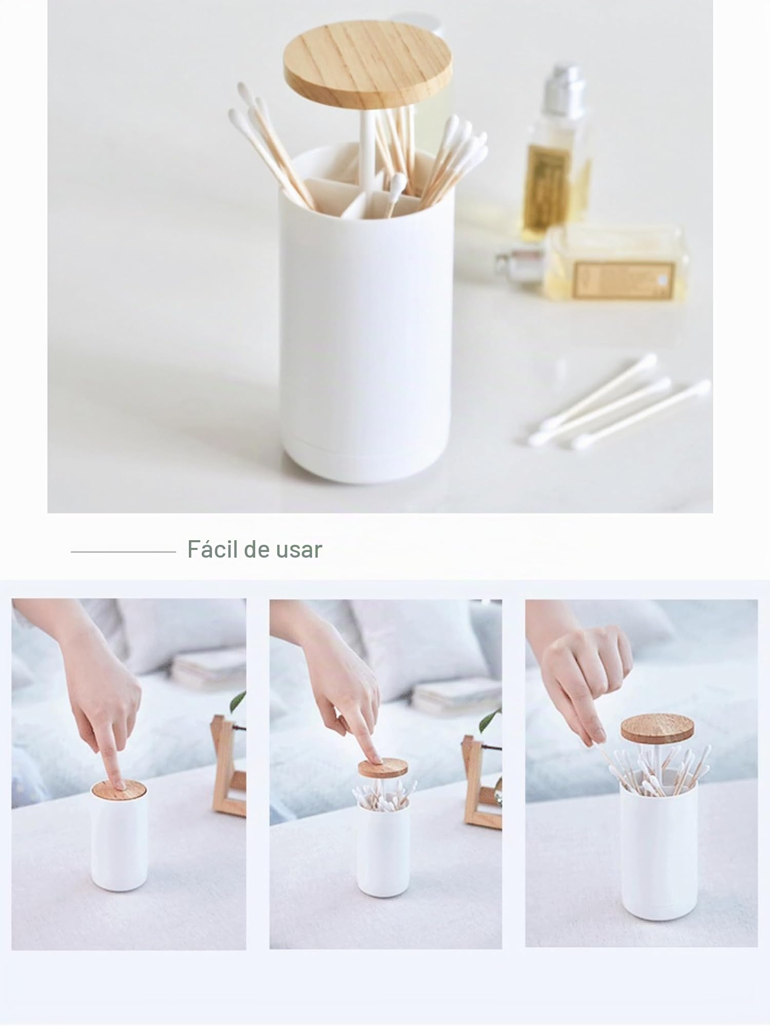 Organizador Bastoncillos,Caja de Bastoncillos Algodonero y Palillo de Dientes con Presión Autobloqueo, Dispensador Bote de Bastoncillo e Hilo Dental para Mesa de Comedor, Cocina
