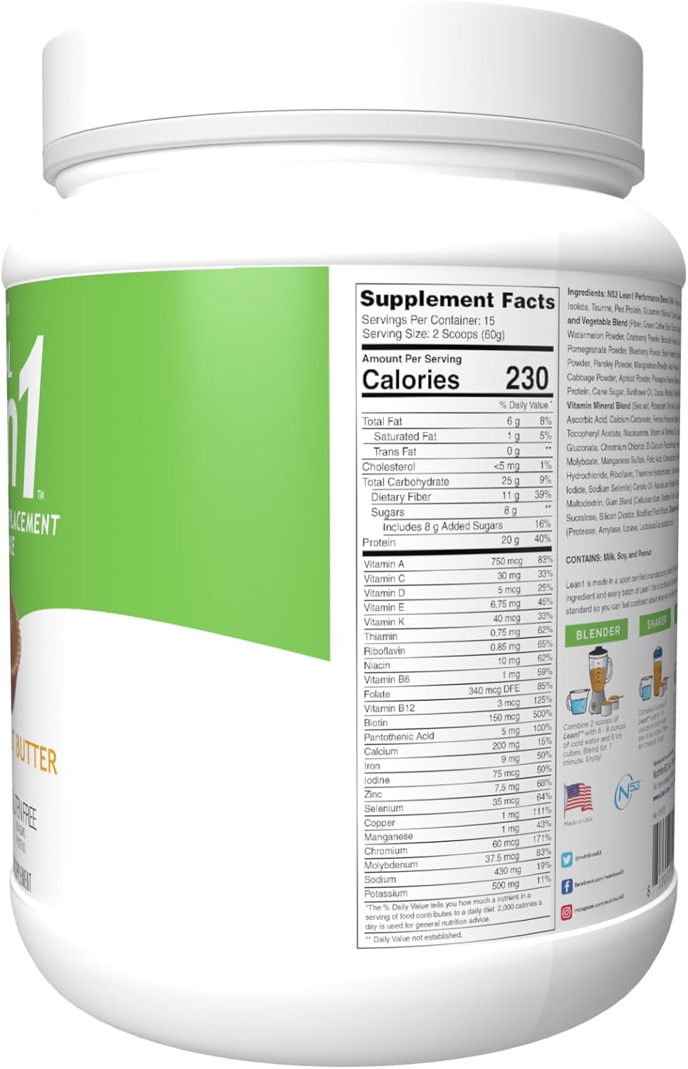 Lean1 Meal Replacement Protein Powder, Chocolate Peanut Butter Flavor, 15-Serving Tub.