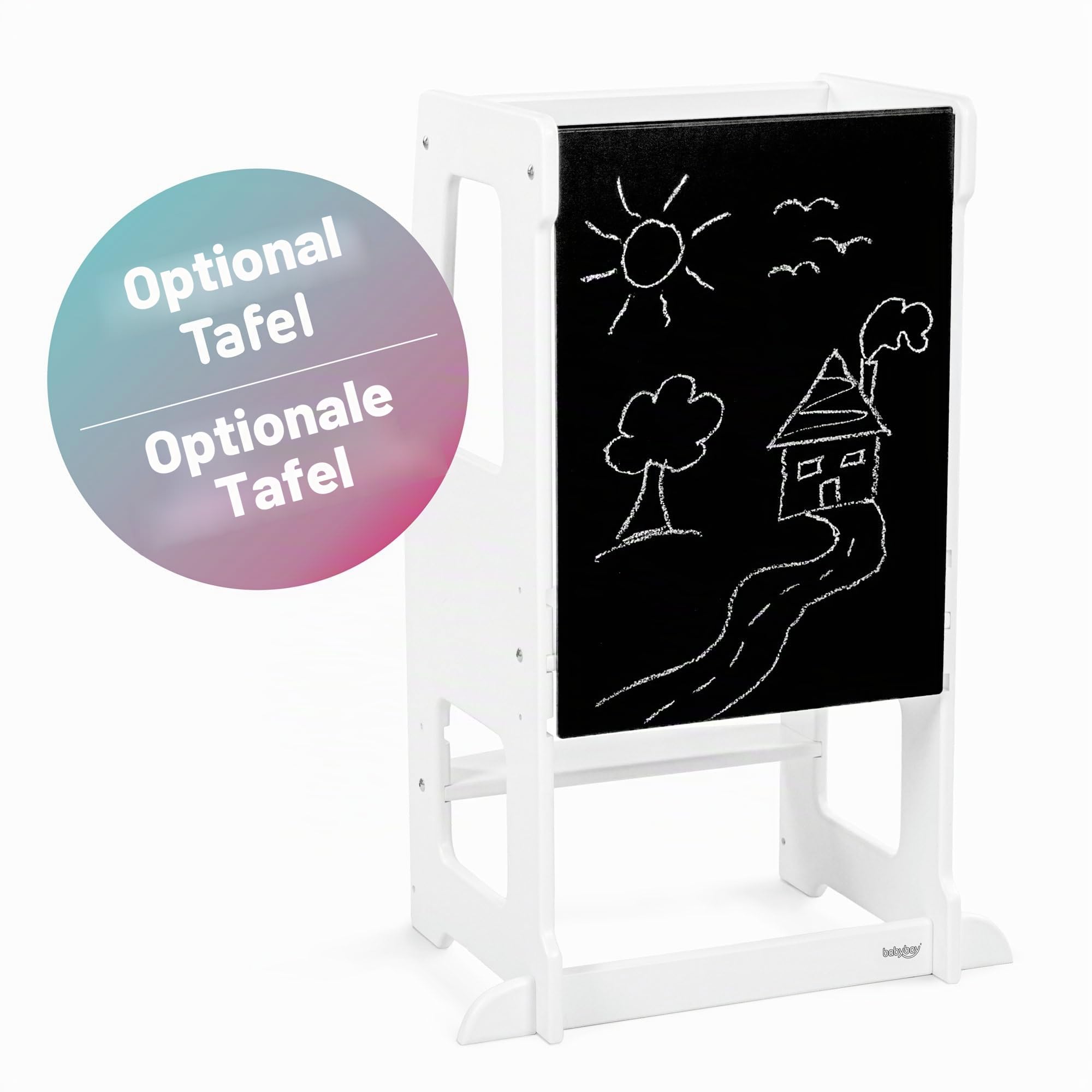babybay Lernturm Littlefoot, maximale Kippsicherheit durch massives Buchenholz, Förderung der Motorik, dreifach höhenverstellbar, ergonomischer Einstieg, Aussparung für Küchengriffe, grau lackiert