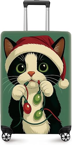 ANNA QUEEN Christmas Cat Luggage Cover, Cute Santa Cat with Light String Suitcas