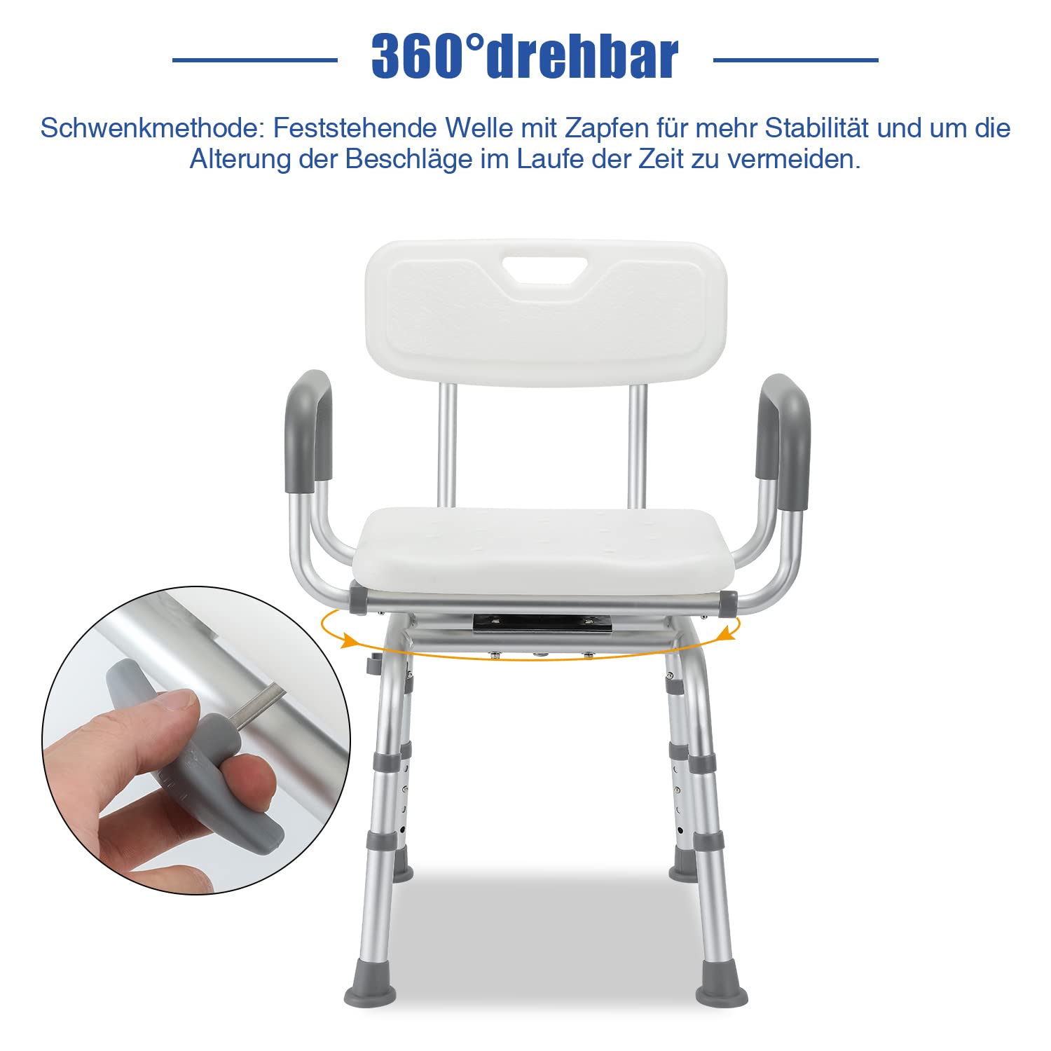 Alu-Duschhocker 3-in-1 bis 135 kg mit Rückenlehne für Senioren | Für Dusche, WC-Hilfe und Intimpflege; 6-fach 40–53 cm, mit Ablaufsitz, Polster, Anti-Rutsch-Füßen, einfach montierbar.