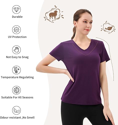 Miniatura 3 de Merino Protect Camiseta 100% lana merina con cuello en V para mujer, manga corta, capas base, resistentes al olor, para senderismo al aire libre