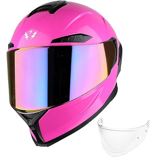 1Storm Motorcycle Full Face Helmet DOT Adults Street Bike Dual Visor Sun Inner Shield with One Extra Clear Shield: Glossy Pink