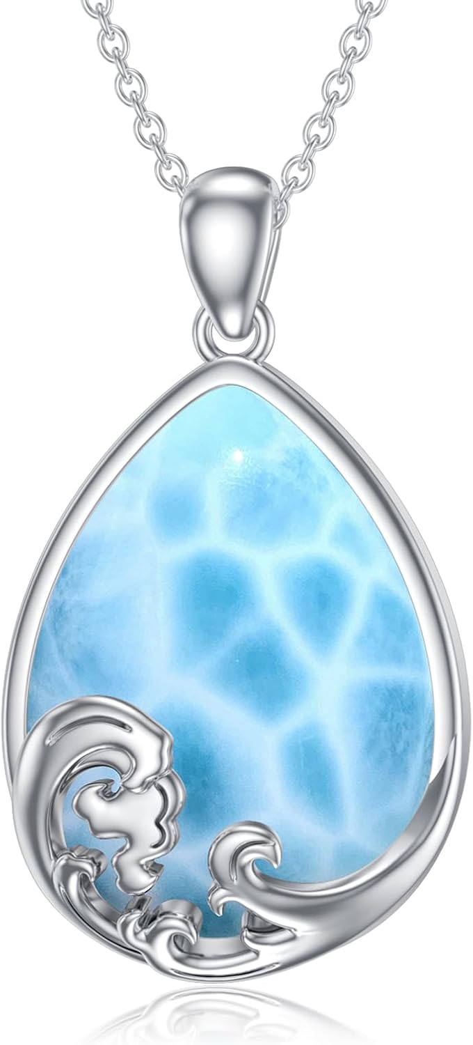 Natural Larimar Necklace 925 Sterling Silver Teardrop Blue Larimar Gemstone Filigree irish/Ocean Wave Pendant Necklace Jewelry Gift for Women