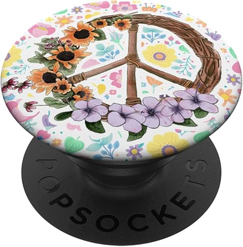 Letrero de la paz de flores vintage  Retro de los 70 hippies Art Gift  PopSockets Grip y soporte para teléfonos y tabletas, Negro