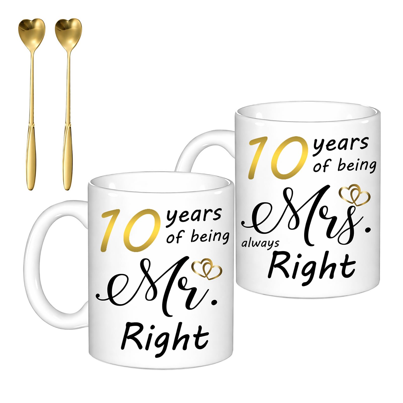 LIRONGTAGE 10 Year Anniversary Coffee Mugs Set of 2, 10 Year Anniversary, 350ml Mr and Mrs Mugs with 2 Heart Spoons, 10 Years Wedding Anniversary Cups for Wife Husband Parents Men Women Him Her
