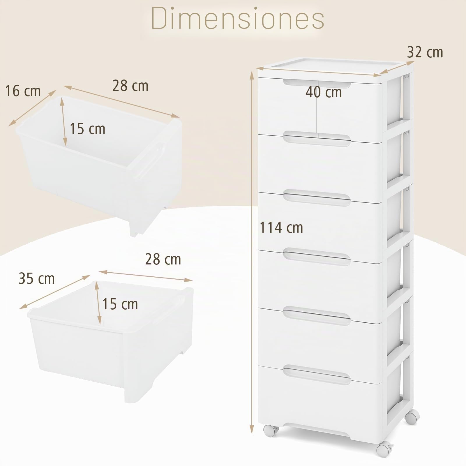 GIANTEX Cajonera de Plástico con 4 Ruedas, Organizador con 5/6/7 Cajones, Carrito de Almacenamiento para Dormitorio, Salón, Estudio (7 Cajones)